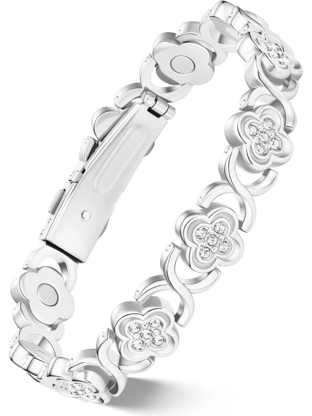 Women's Silver Sparkling Clover Clasp Copper Magnetic Bracelet Jewelry